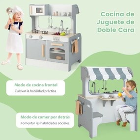 Cozinha e restaurante 2 em 1 para crianças de madeira 71 cm x 52 cm x 90 cm dupla face com torneira, lava-loiça e forno cinza