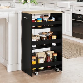 Carrinho Cozinha 47,5 x 30 x 80,5 cm de armazenamento estreito de 4 níveis com rodas e grades preto e natural