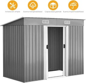 Abrigo de metal para jardim exterior com 2 portas 238 x 131 x 181 cm Cinzento