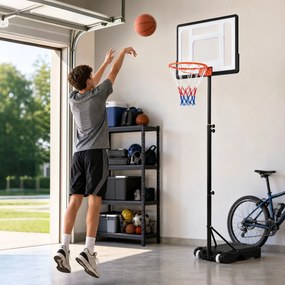 Cesto de Basquetebol Portátil, 76 x 46 x 263–308, Altura Regulável em 5 Níveis, Preto