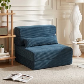 Sofá-cama dobrável 3 em 1, poltrona individual convertível em veludo acanalhado, bolsos laterais, almofada, azul