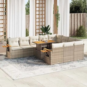 vidaXL 11 pcs conjunto sofás jardim c/ almofadões vime PE/acácia bege