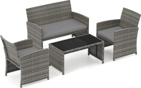 Conjunto de Jardim, 4 peças em rattan com almofadas e tampo em vidro temperado, para jardim, alpendre ou varanda, cinzento