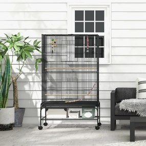 Gaiola para Pássaros com Rodas Comedouros Poleiros Prateleira Inferior Bandeja Removível 97x58x160 cm Preto
