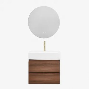 Conjunto De Móvel De Casa De Banho Suspenso Em Madeira E Folha De Freixo Com Lavatório Integrado Ona Madeira Escura & Redondo Led - Sklum