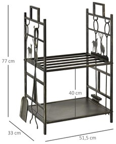 Suporte para Lenha de Ferro Forjado – 2 Níveis com 4 Ferramentas – 51,