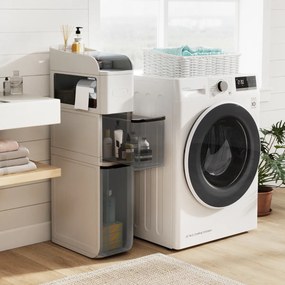 Armário de casa de banho em plástico com 4 prateleiras 43 x 18 x 88 cm, organizador de base estreita de 18 cm, com 2 gavetas e caixa para lenços, bran