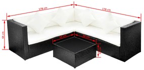 4 pcs conjunto lounge de jardim c/ almofadões vime PE preto