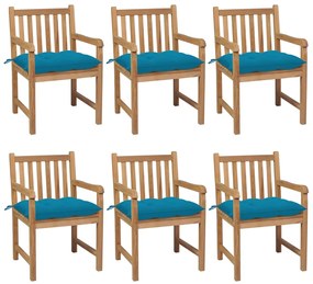 vidaXL Cadeiras de jardim c/ almofadões azul-claro 6 pcs teca maciça