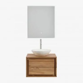 Conjunto De Móveis De Banheiro Em Madeira De Teca Jabari Madeira De Teca & Cimento Redondo Branco Ø40 Cm Zavion & Led Retangular - Sklum