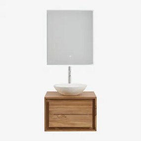 Conjunto De Móvel De Casa De Banho Suspenso Em Madeira De Teca Jabari Madeira De Teca & Cimento Redondo Branco Ø40 Cm Zavion & Led - Sklum