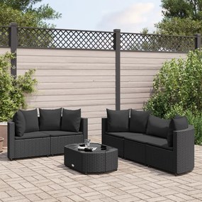 6 pcs conjunto sofás de jardim c/ almofadões vime PE preto