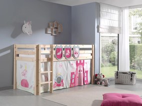 Conjunto Cama alta de Criança PINO 90 x 200 cm + estrado + escada + cortina + 3 bolsas Princesa Natural