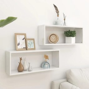 Prateleiras parede cúbicas 2 pcs deriv. madeira branco brilh.