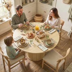 Mesa de jantar redonda para 5 pessoas, Ø 120 x 75 cm (CADEIRAS NÃO INCLUIDAS), mesa de cozinha com base cilíndrica canelada, madeira natural