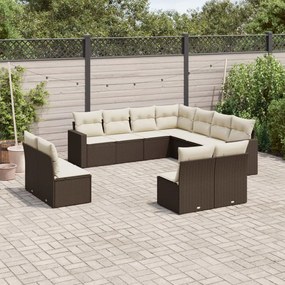 11 pcs conjunto sofás de jardim c/ almofadões vime PE castanho