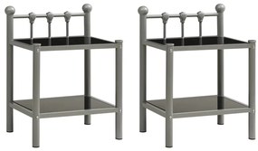 Mesas de cabeceira 2 pcs metal cinzento e vidro preto