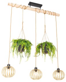 Candeeiro de suspensão rústico dourado com madeira 3 luzes - Yura