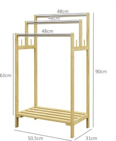 Toalheiro de Pé de Bambu com 3 Barras de Aço Inoxidável Prateleira Aberta 50,5x31x90 cm Natural