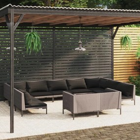 vidaXL 11 pcs conj. lounge jardim c/ almofadões vime PE cinza-escuro