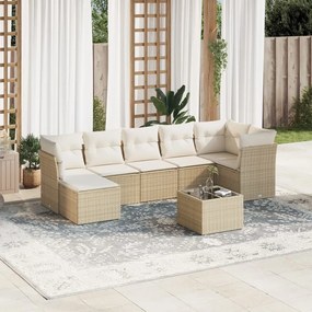 8 pcs conjunto de sofás p/ jardim com almofadões vime PE bege