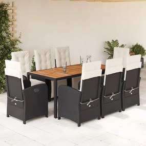 vidaXL 9 pcs conjunto de jantar p/ jardim c/ almofadões vime PE preto