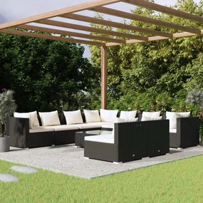 vidaXL 10 pcs conjunto lounge de jardim c/ almofadões vime PE preto