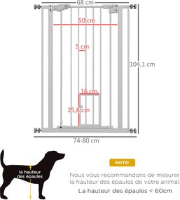 Barreira de segurança para animais com 104 cm de altura e Largura ajustável: 74 a 80 cm, com porta de fecho automático e sistema de dupla travagem, se
