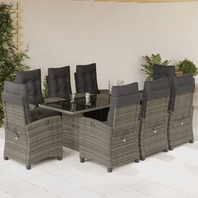 9 pcs conjunto de jantar p/ jardim c/ almofadões vime PE cinza