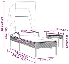 Espreguiçadeira com toldo e mesa vime PE bege