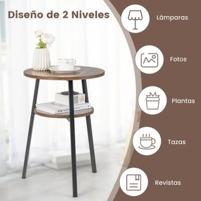Mesa Auxiliar Redonda de 2 Níveis, 43 x 39 x 55 cm, Estrutura Metálica Robusta, Castanho