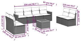 9 pcs conjunto de sofás p/ jardim com almofadões vime PE bege