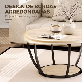 Mesa de Centro Redonda para Sala com Prateleira e Estrutura Metálica 80x80x43,8 cm Carvalho