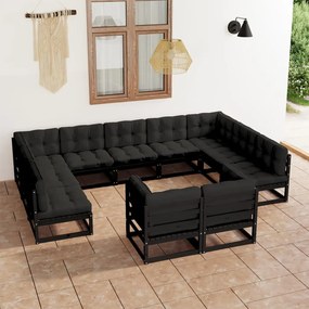 11 pcs conjunto longue jardim c/ almofadões pinho maciço preto