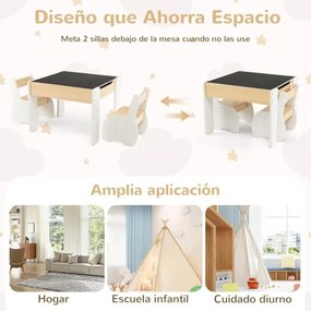 Conjunto de mesa e 2 cadeiras infantis de 3 peças com arrumação e quadro removível para sala de jogos e creche Branco