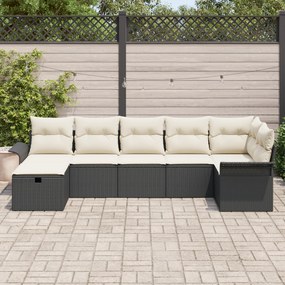 Conjunto de Sofá de Jardim 7 Peças com Almofadas Preto Rattan PE