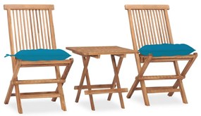vidaXL 3 pcs conj. jantar dobrável exterior c/ almofadão teca maciça