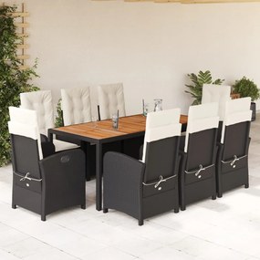 9 pcs conjunto de jantar p/ jardim c/ almofadões vime PE preto