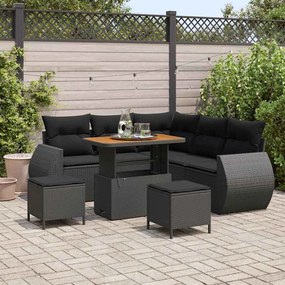 vidaXL Conjunto de Sofás de Jardim com 8 Peças e Almofadas Pretas em Rattan de Poliéster e Madeira de Acácia
