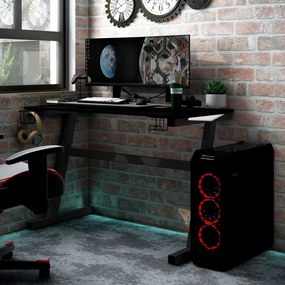 vidaXL Secretária de gaming c/ luzes LED forma de Z 90x60x75 cm preto