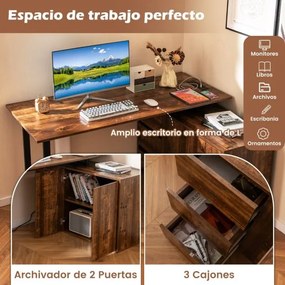 Secretária em forma de L com arquivo e tomada elétrica de canto reversível de 138 cm com 3 gavetas Mesa castanha