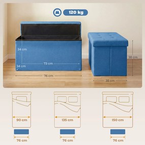 Puff de Armazenamento Banco de Armazenamento Dobrável 84 L 76x38x38 cm Estofado em Linho Sintético Azul Claro