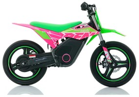 Mini moto elétrica para crianças velocidade até 30Km/h C/Limitador RFN SX-E350 WARRIOR 350W Supermotard 14/14” Verde e Rosa
