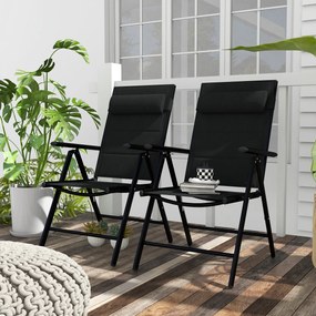 Conjunto de 2 cadeiras dobráveis de jardim com apoio para a cabeça, braços e estrutura em alumínio 54 x 67 x 108 cm, pretas