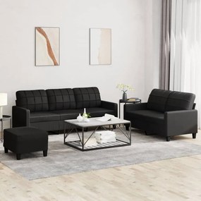 3 pcs conjunto de sofás com almofadões couro artificial preto