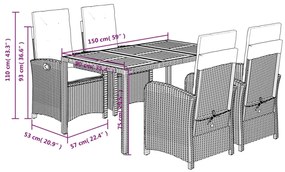 5 pcs conjunto de jantar p/ jardim c/ almofadões vime PE cinza