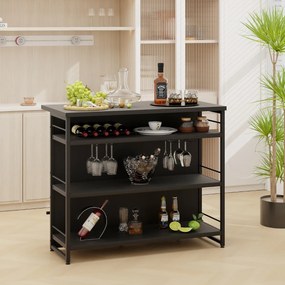 Mesa de bar alta de cozinha 4 níveis com 3 Estantes Prateleiras para vinhos Ilha de cozinha 120 x 60 x 101 cm Preto