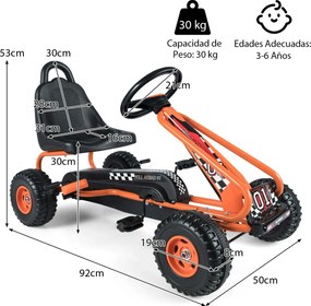Kart a pedais para crianças com 4 rodas antiderrapantes, assento envolvente e travão de mão 92 x 50 x 53 cm Laranja