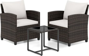 Conjunto de 3 móveis de rattan para jardim, com 2 cadeiras, mesa de vidro e almofadas pretas com capas removíveis, para jardim, terraço ou piscina Cas