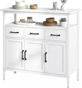 Aparador de cozinha 95 x 35 x 88 cm, móvel de arrumação, 3 portas, 3 gavetas, compartimento aberto e prateleiras ajustáveis, branco
